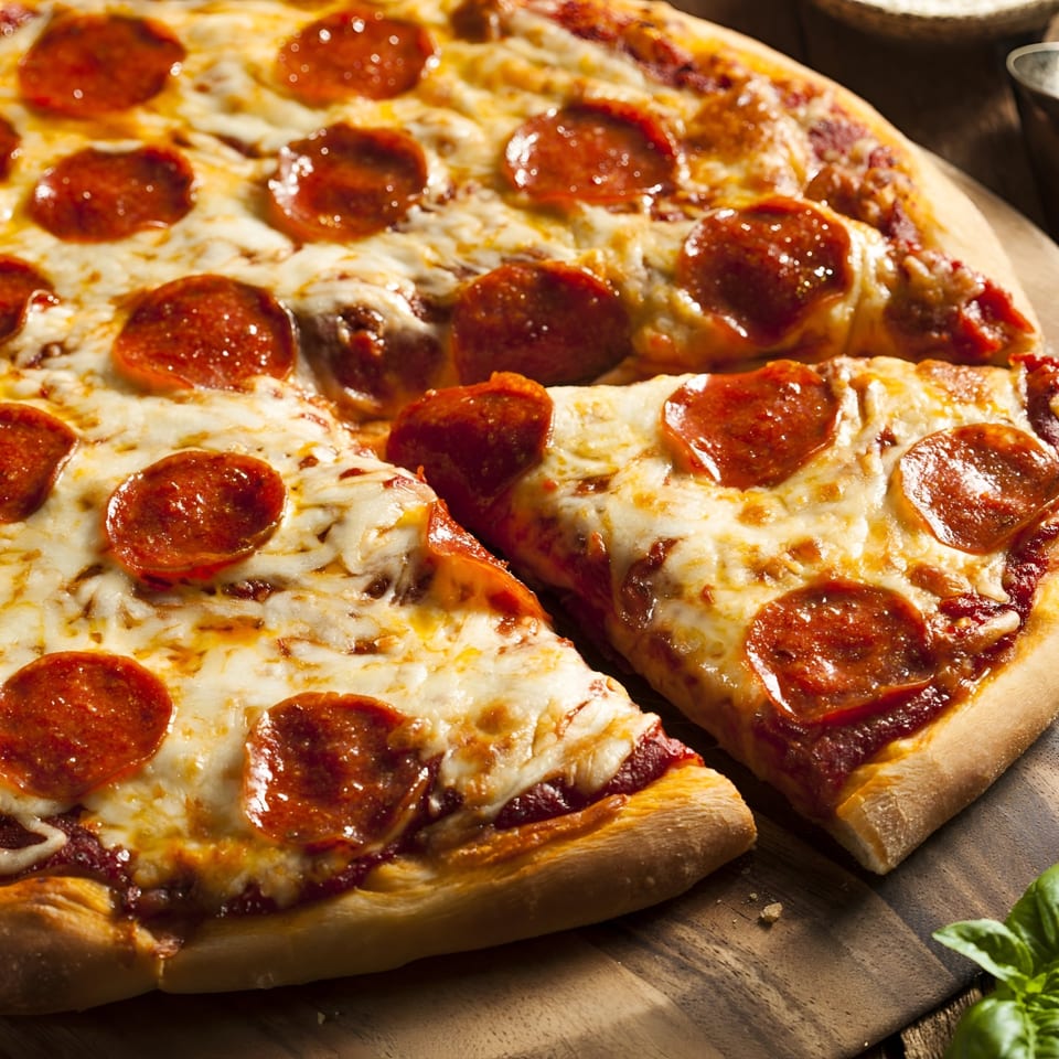 A freshly baked pepperoni pizza with a slice removed, resting on a wooden cutting board.