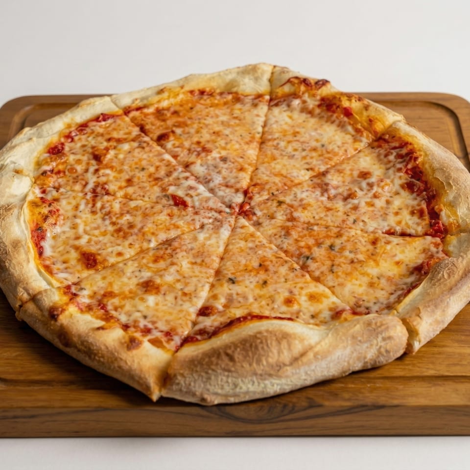 A freshly baked, sliced cheese pizza with a golden crust sits on a wooden board.
