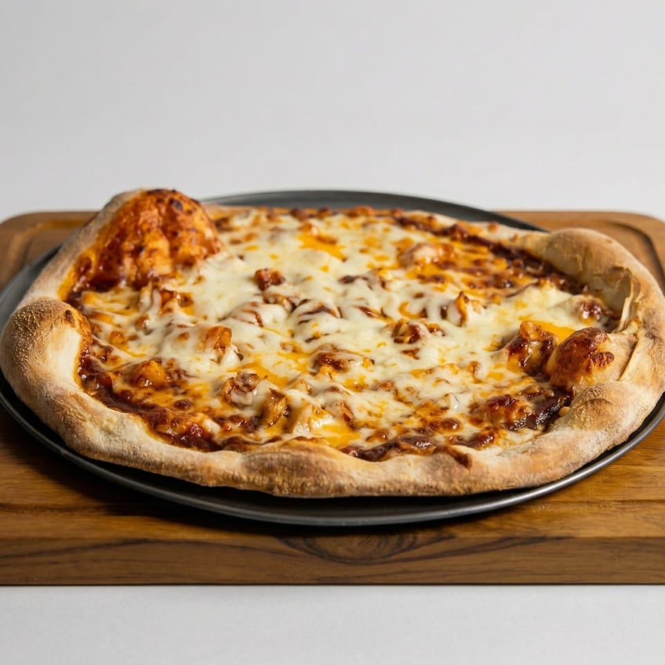 A freshly baked pizza with melted cheese and a rich sauce on a dark pan and wooden board.